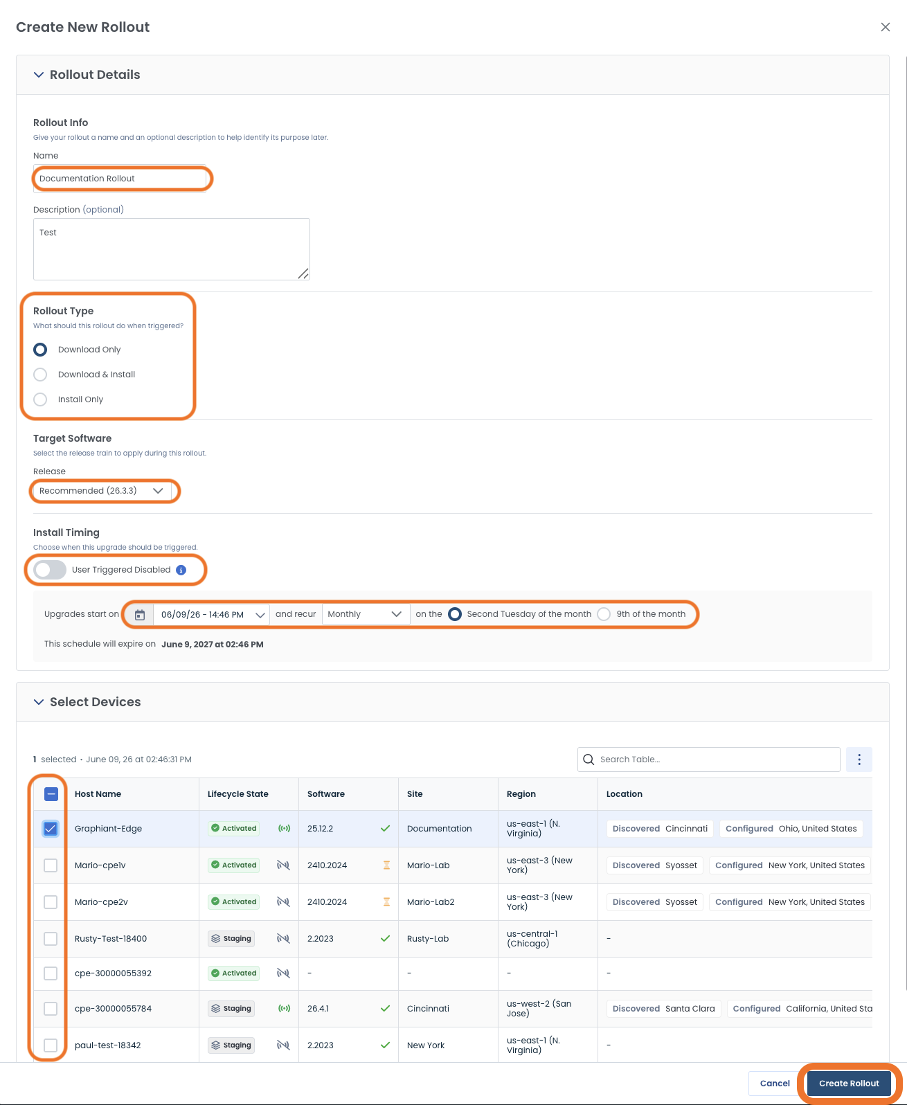 Details for creating a documentation rollout including target software and install timing.